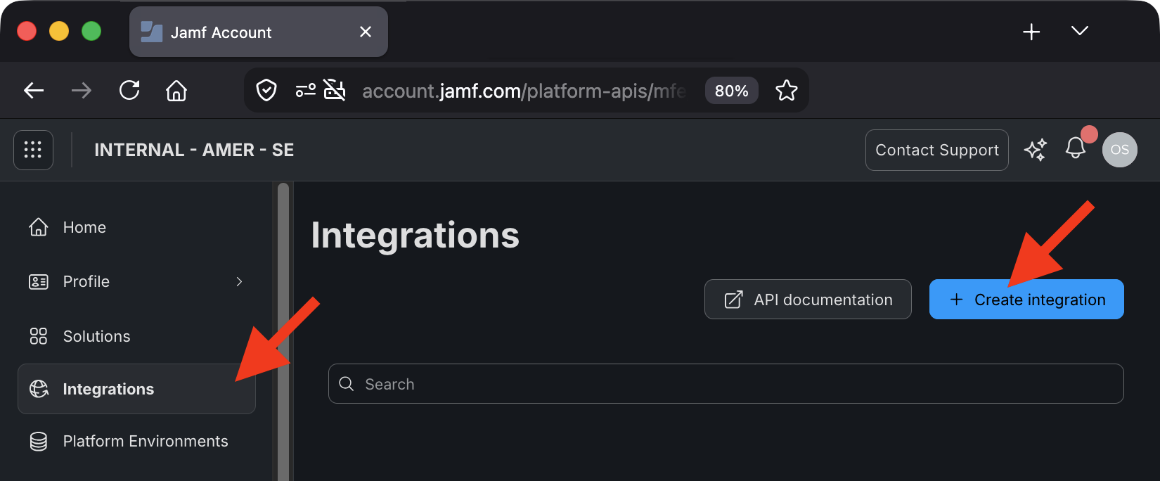 Jamf Account Integrations page, with the Integrations nav item and Create integration button highlighted